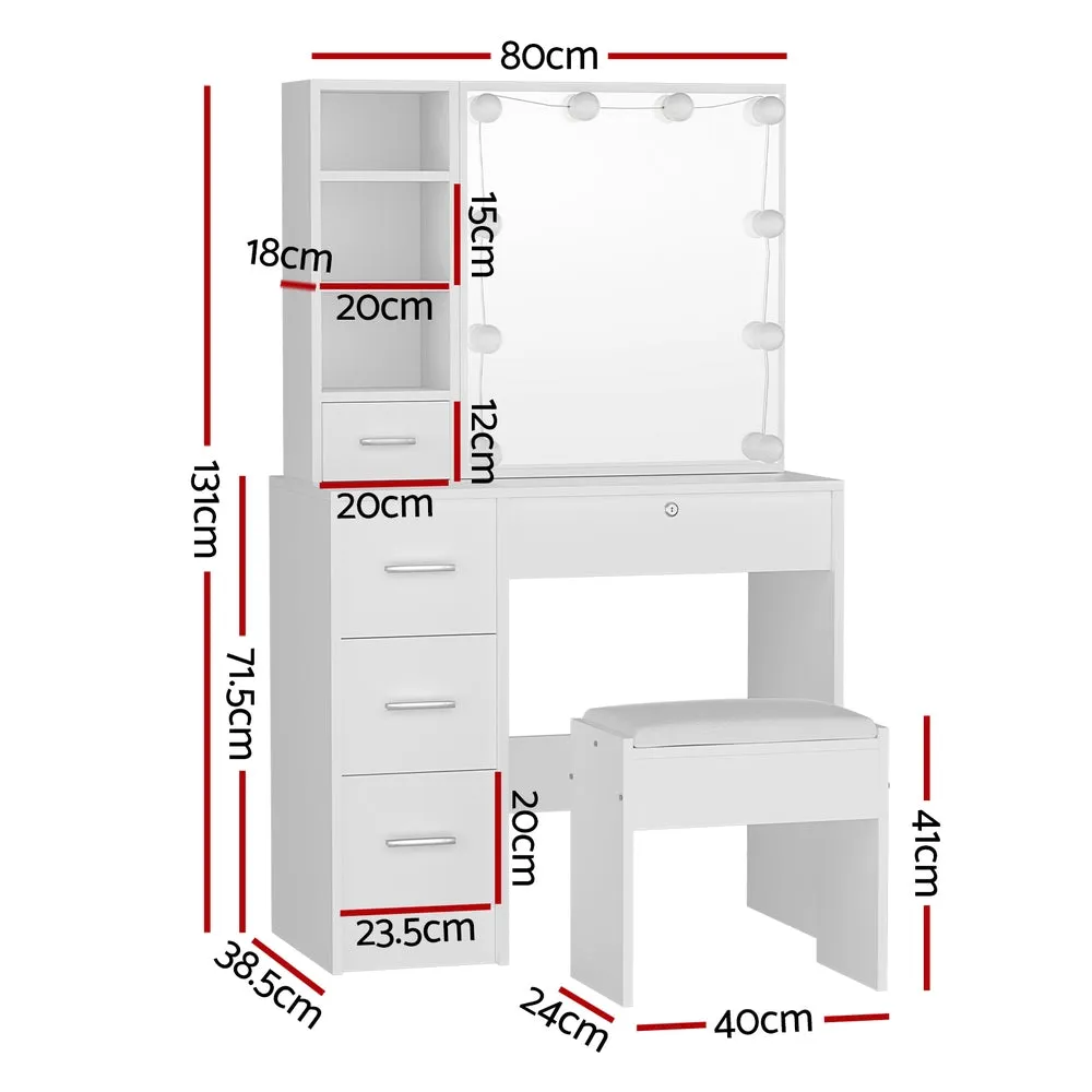 10 LED Bulbs Dressing Table Set Stool - White