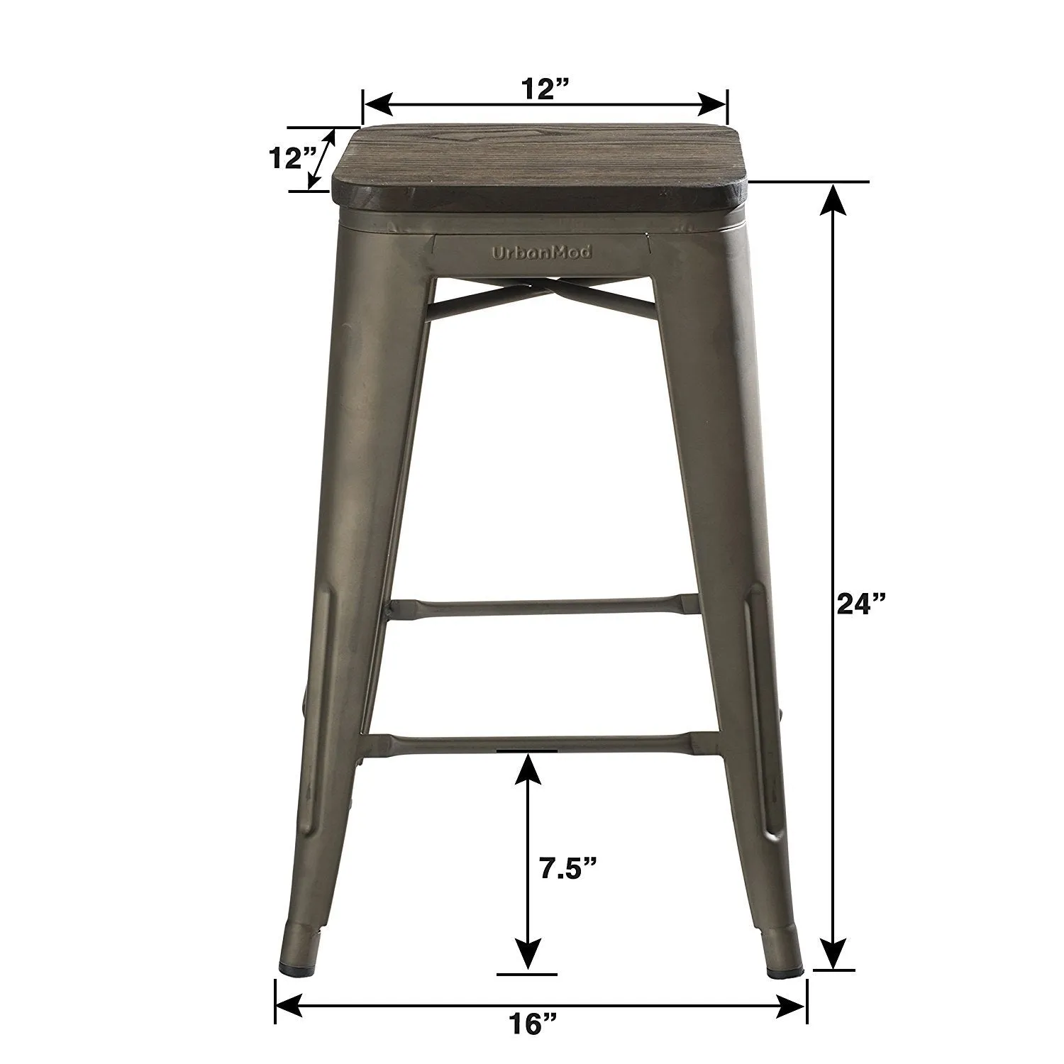 24&quot; Counter Height Bar Stools! (RUSTIC GUNMETAL and Wooden Seat) by UrbanMod, [Set Of 4] Stackable, Indoor/Outdoor, Kitchen BarStools,! 330LB Limit, Metal Bar Stools! Industrial, Steel, Counter Stools!