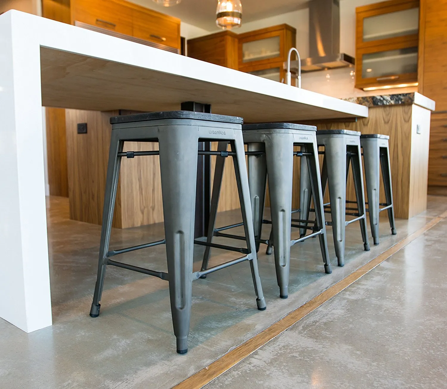 24&quot; Counter Height Bar Stools! (RUSTIC GUNMETAL and Wooden Seat) by UrbanMod, [Set Of 4] Stackable, Indoor/Outdoor, Kitchen BarStools,! 330LB Limit, Metal Bar Stools! Industrial, Steel, Counter Stools!