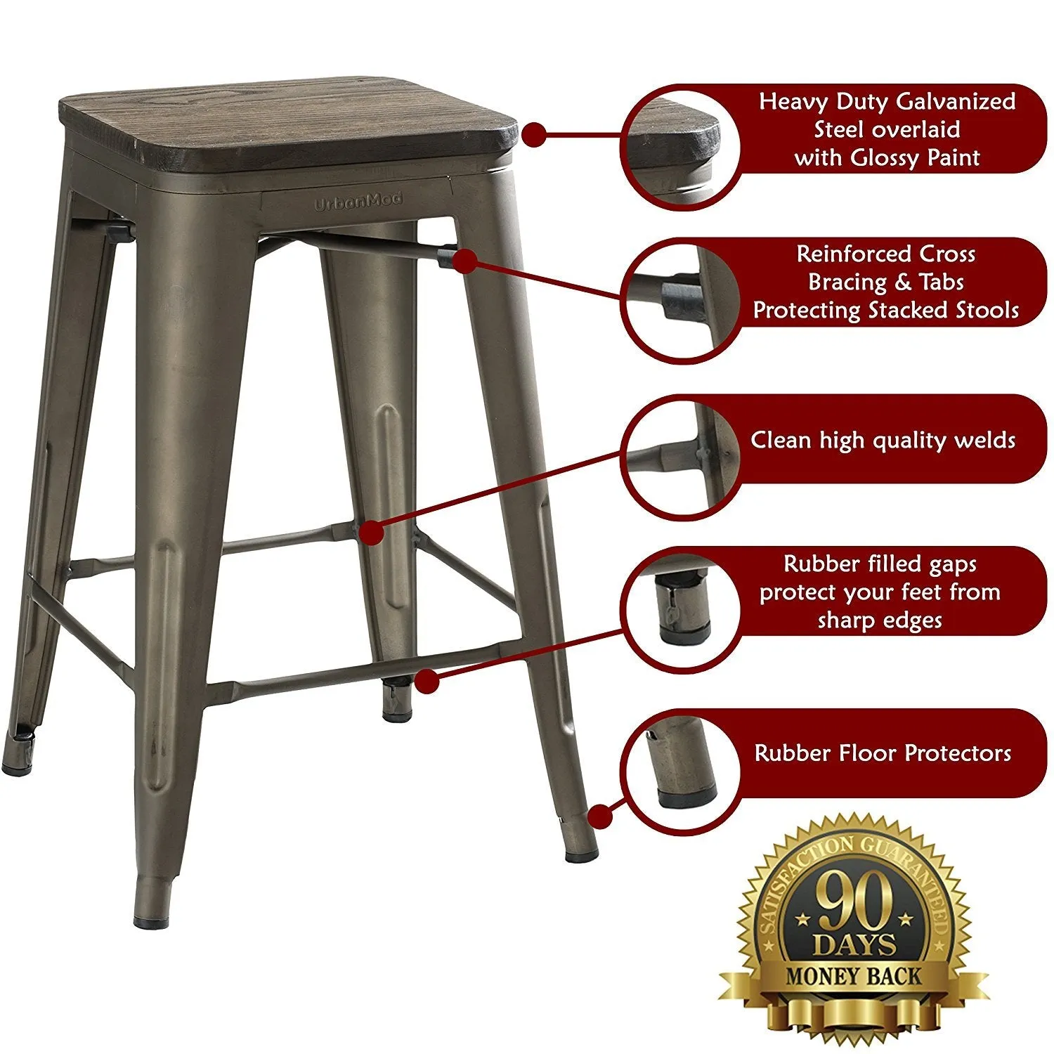 24&quot; Counter Height Bar Stools! (RUSTIC GUNMETAL and Wooden Seat) by UrbanMod, [Set Of 4] Stackable, Indoor/Outdoor, Kitchen BarStools,! 330LB Limit, Metal Bar Stools! Industrial, Steel, Counter Stools!