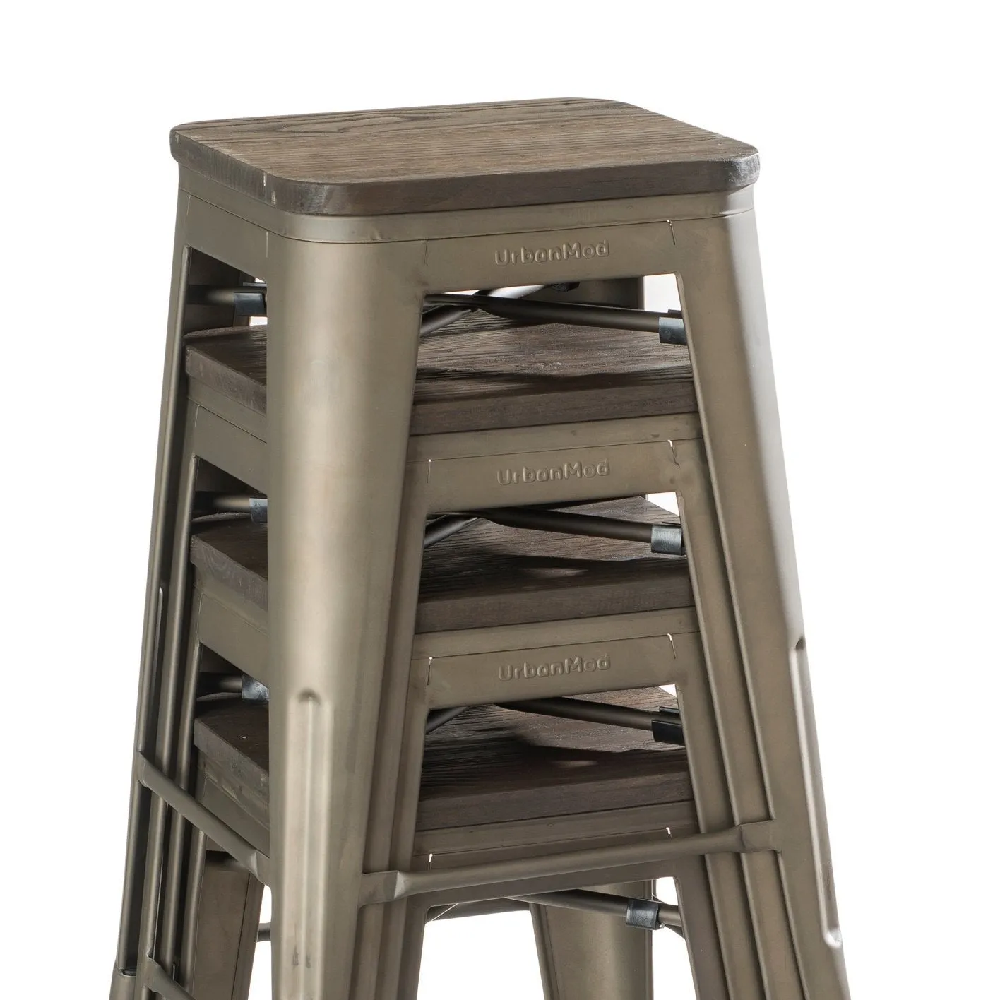 24&quot; Counter Height Bar Stools! (RUSTIC GUNMETAL and Wooden Seat) by UrbanMod, [Set Of 4] Stackable, Indoor/Outdoor, Kitchen BarStools,! 330LB Limit, Metal Bar Stools! Industrial, Steel, Counter Stools!