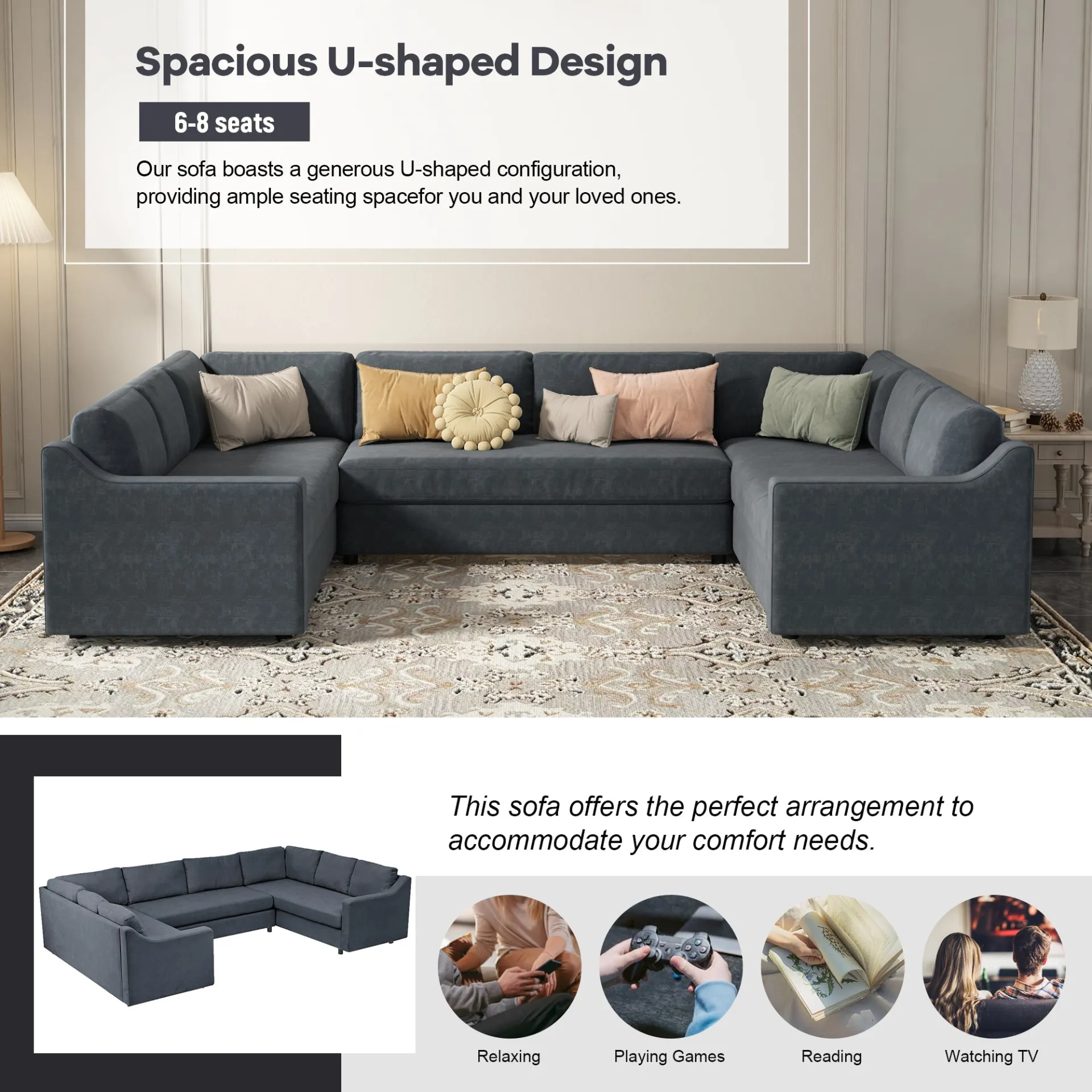 3 Piece Modern Luxury Upholstered U-Shaped Large Sectional Sofa