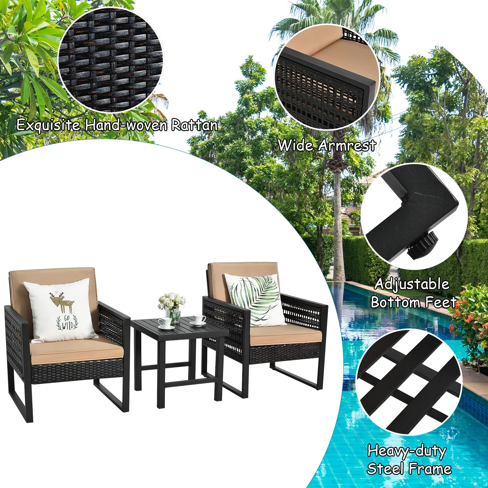 3 Piece Patio Wicker Bistro Set, Outdoor Rattan Sofa Set (Brown)