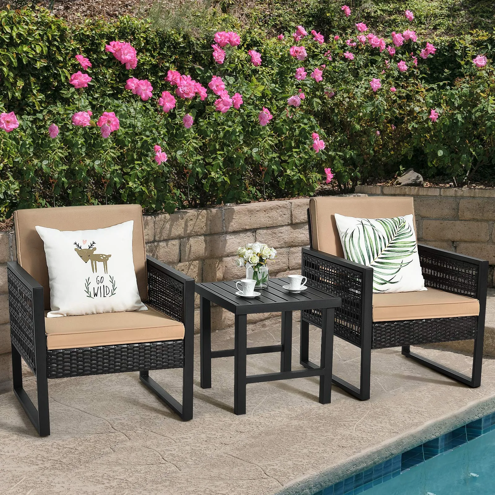 3 Piece Patio Wicker Bistro Set, Outdoor Rattan Sofa Set (Brown)