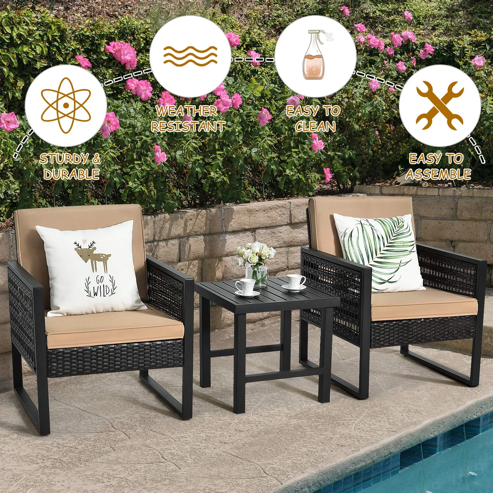 3 Piece Patio Wicker Bistro Set, Outdoor Rattan Sofa Set (Brown)