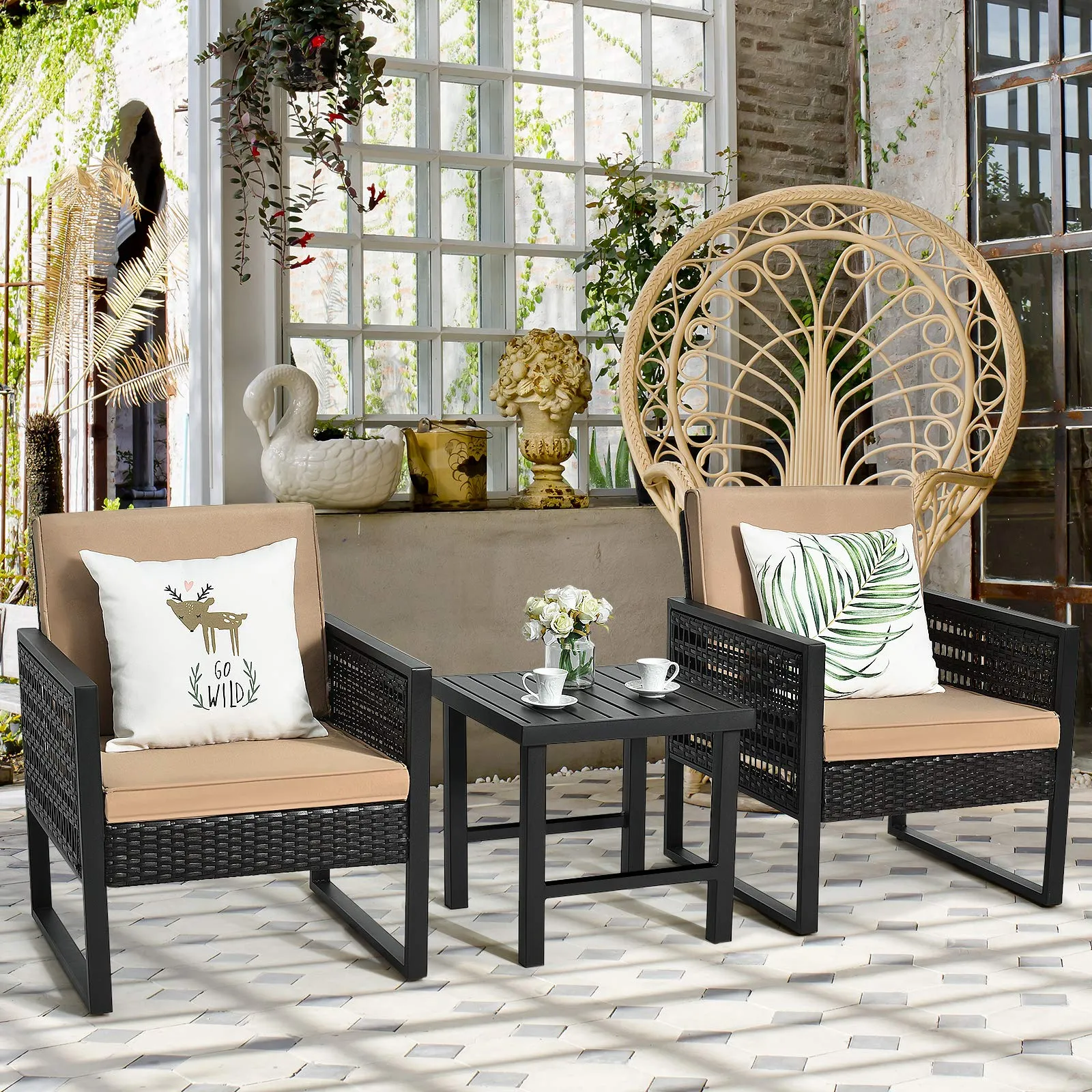 3 Piece Patio Wicker Bistro Set, Outdoor Rattan Sofa Set (Brown)