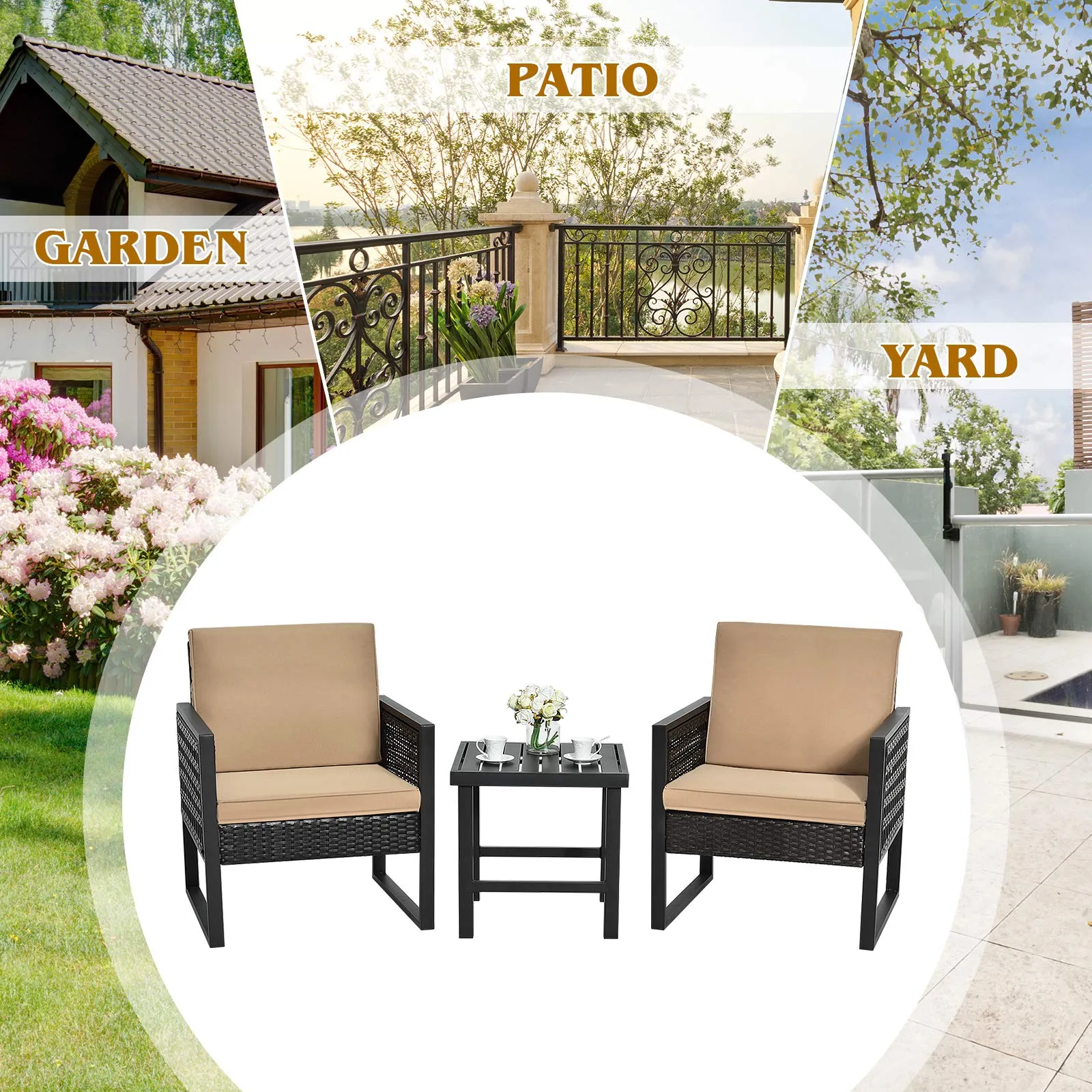 3 Piece Patio Wicker Bistro Set, Outdoor Rattan Sofa Set (Brown)