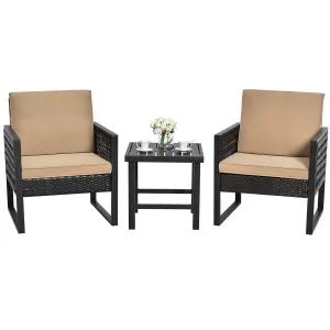 3 Piece Patio Wicker Bistro Set, Outdoor Rattan Sofa Set (Brown)