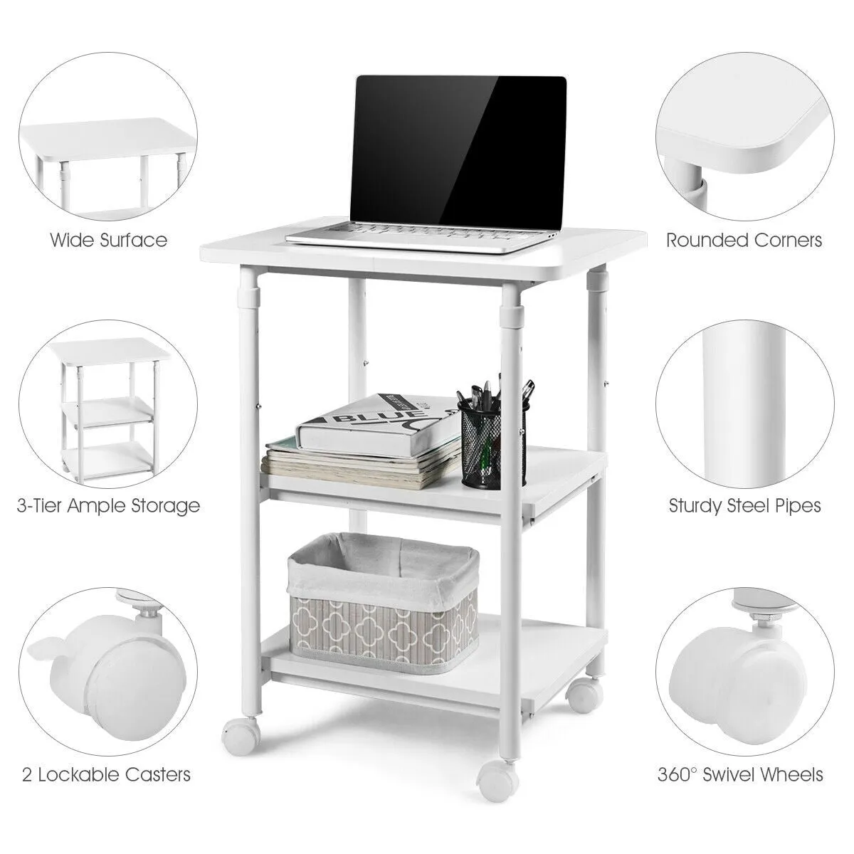 3-tier Adjustable Printer Stand with 360-degree Swivel Casters - White