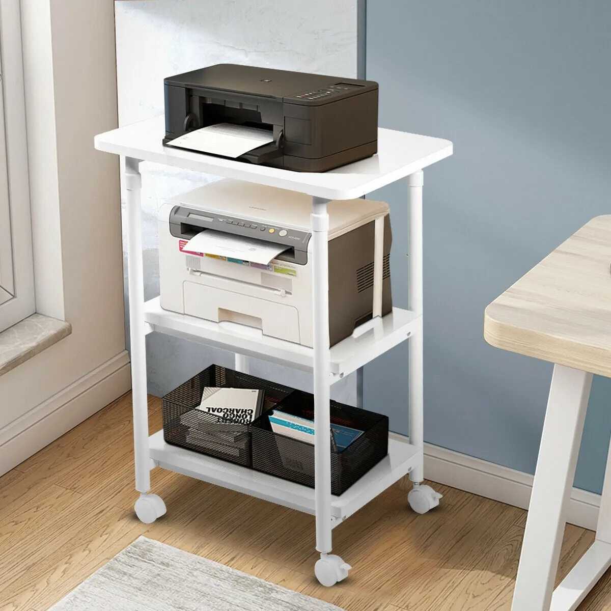 3-tier Adjustable Printer Stand with 360-degree Swivel Casters - White