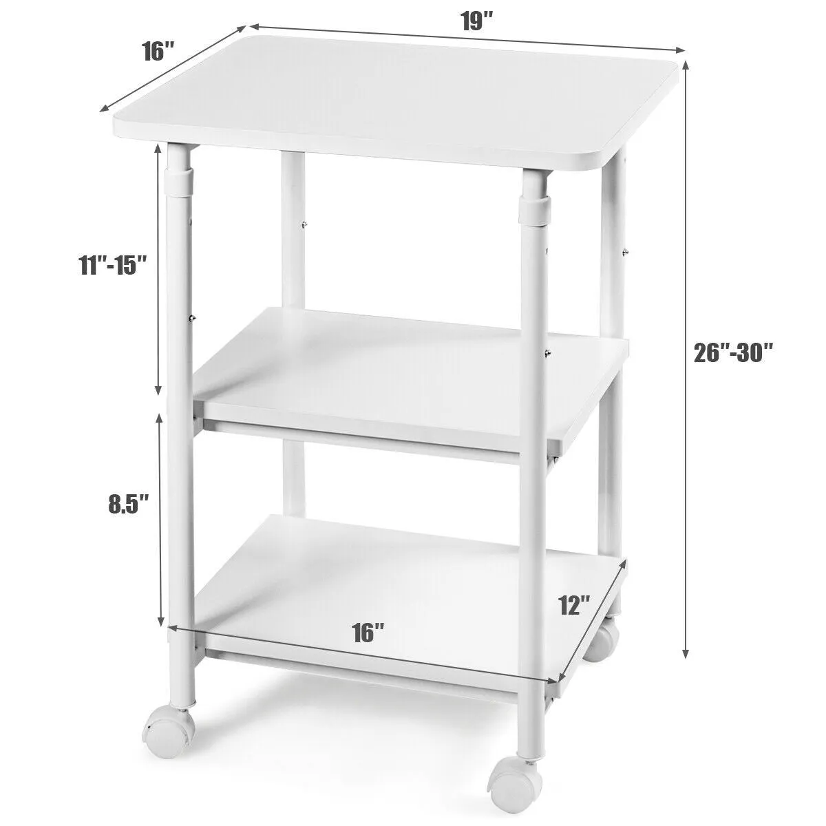 3-tier Adjustable Printer Stand with 360-degree Swivel Casters - White