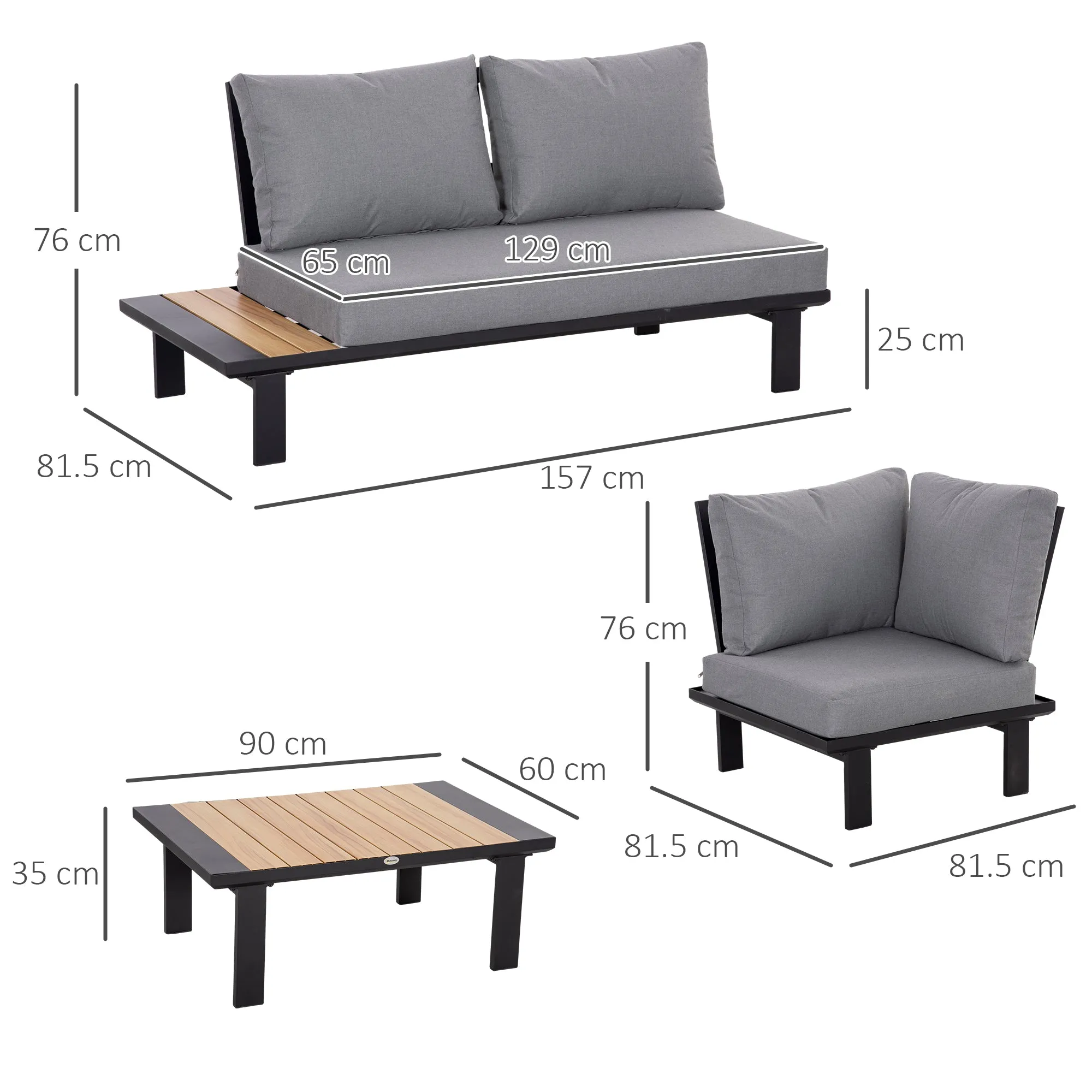 4 Pieces Aluminium Garden Furniture Set L Shape Sofa Set with Tables, Cushions for Indoor, Garden, Patio, Grey