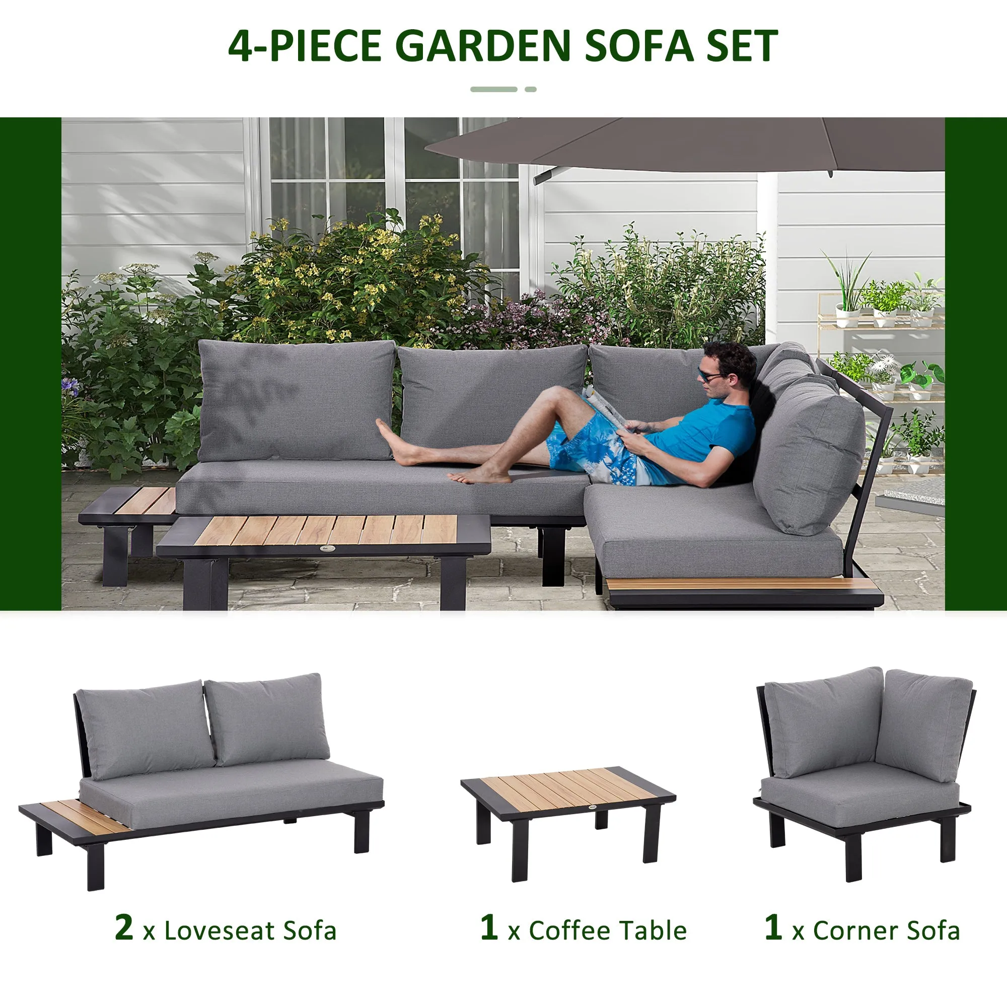 4 Pieces Aluminium Garden Furniture Set L Shape Sofa Set with Tables, Cushions for Indoor, Garden, Patio, Grey