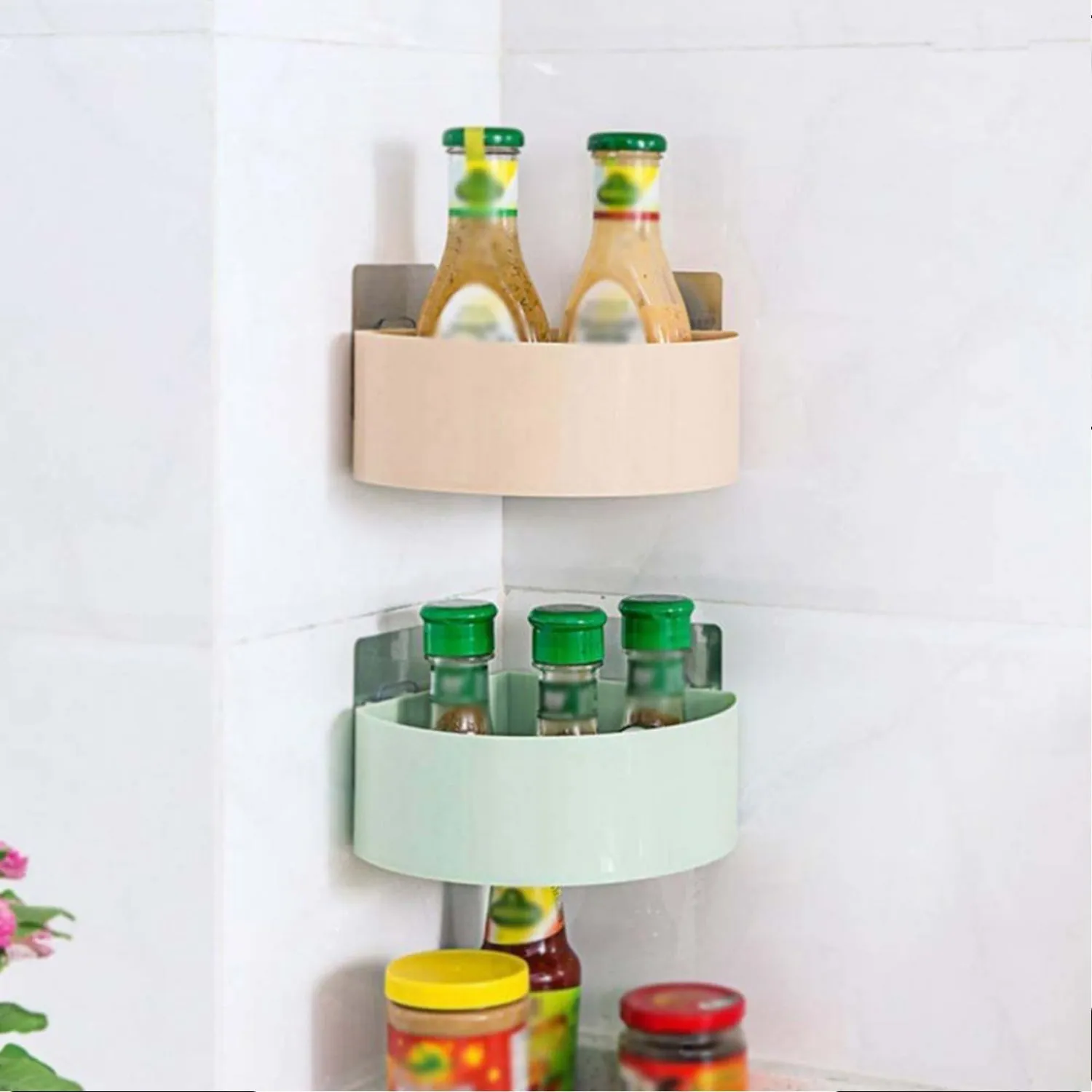 4033 Corner Shelf Bathroom Kitchen Rack Self Adhesive Shower Caddy Plastic Triangle Wall Mount Storage Basket