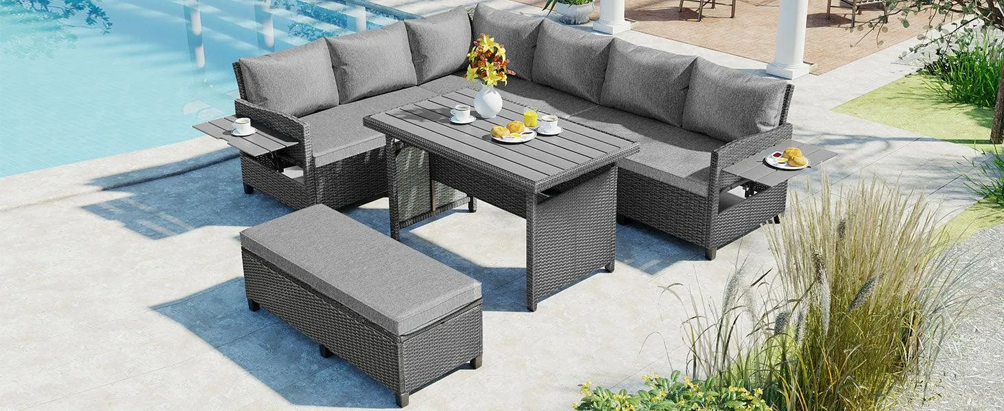 5-Piece Outdoor Patio Rattan Sofa Furniture Set, L-Shaped with Extendable Tables, Gray