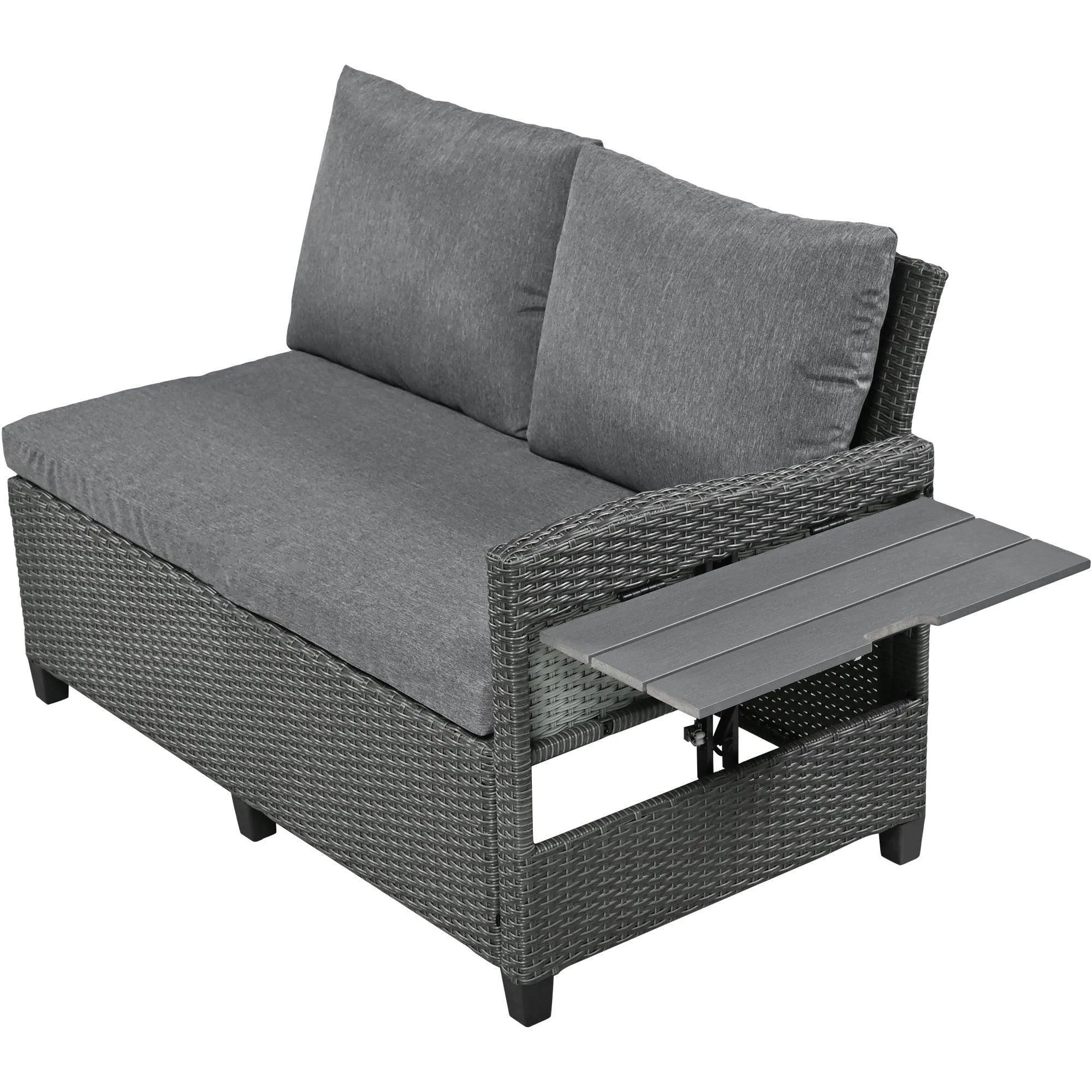 5-Piece Outdoor Patio Rattan Sofa Furniture Set, L-Shaped with Extendable Tables, Gray