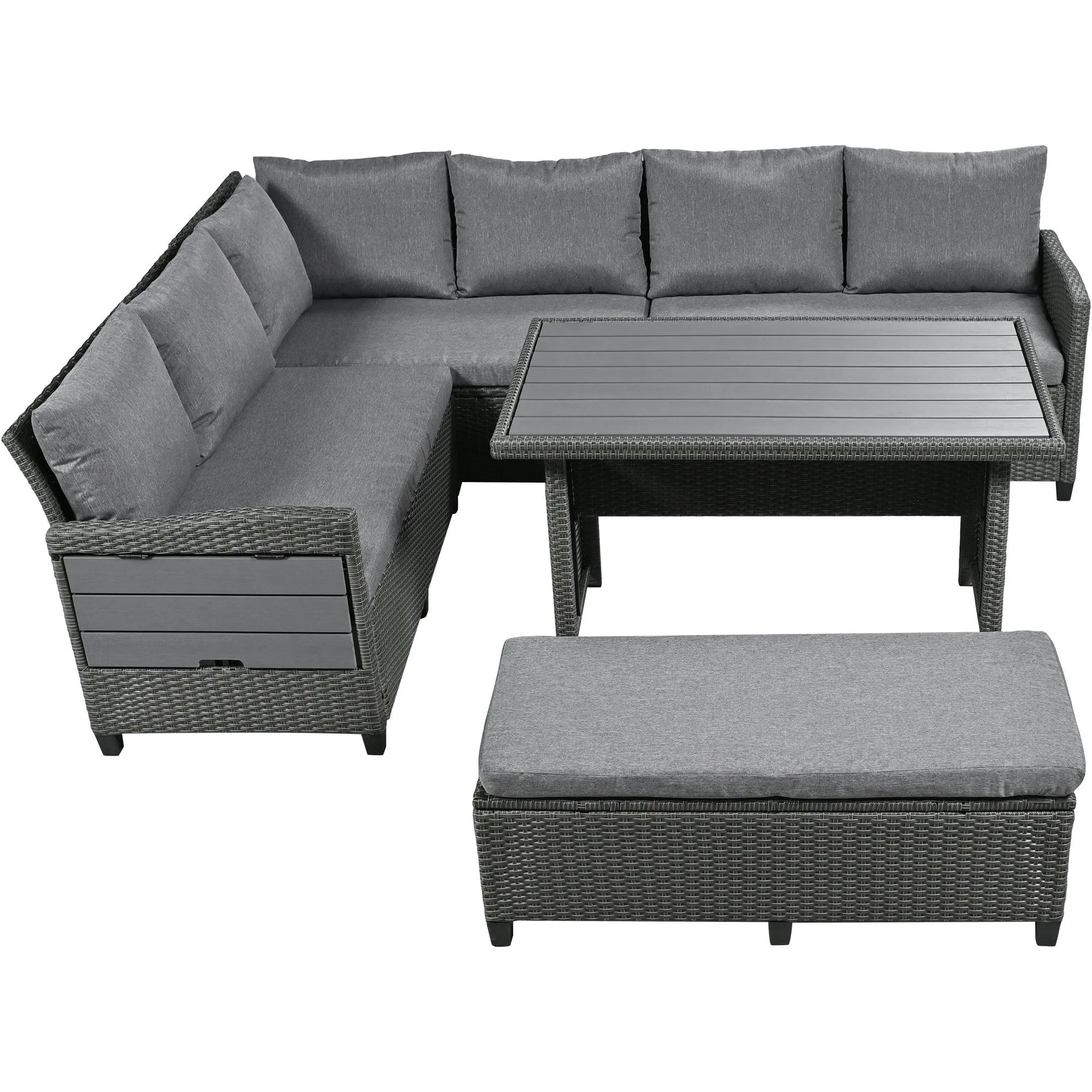 5-Piece Outdoor Patio Rattan Sofa Furniture Set, L-Shaped with Extendable Tables, Gray