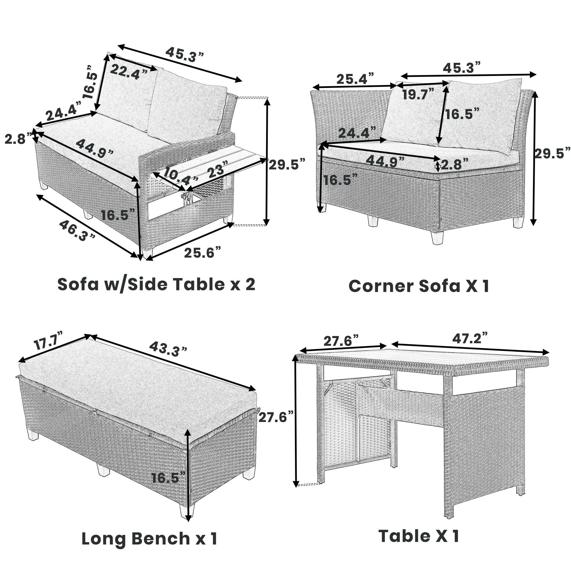 5-Piece Outdoor Patio Rattan Sofa Furniture Set, L-Shaped with Extendable Tables, Gray