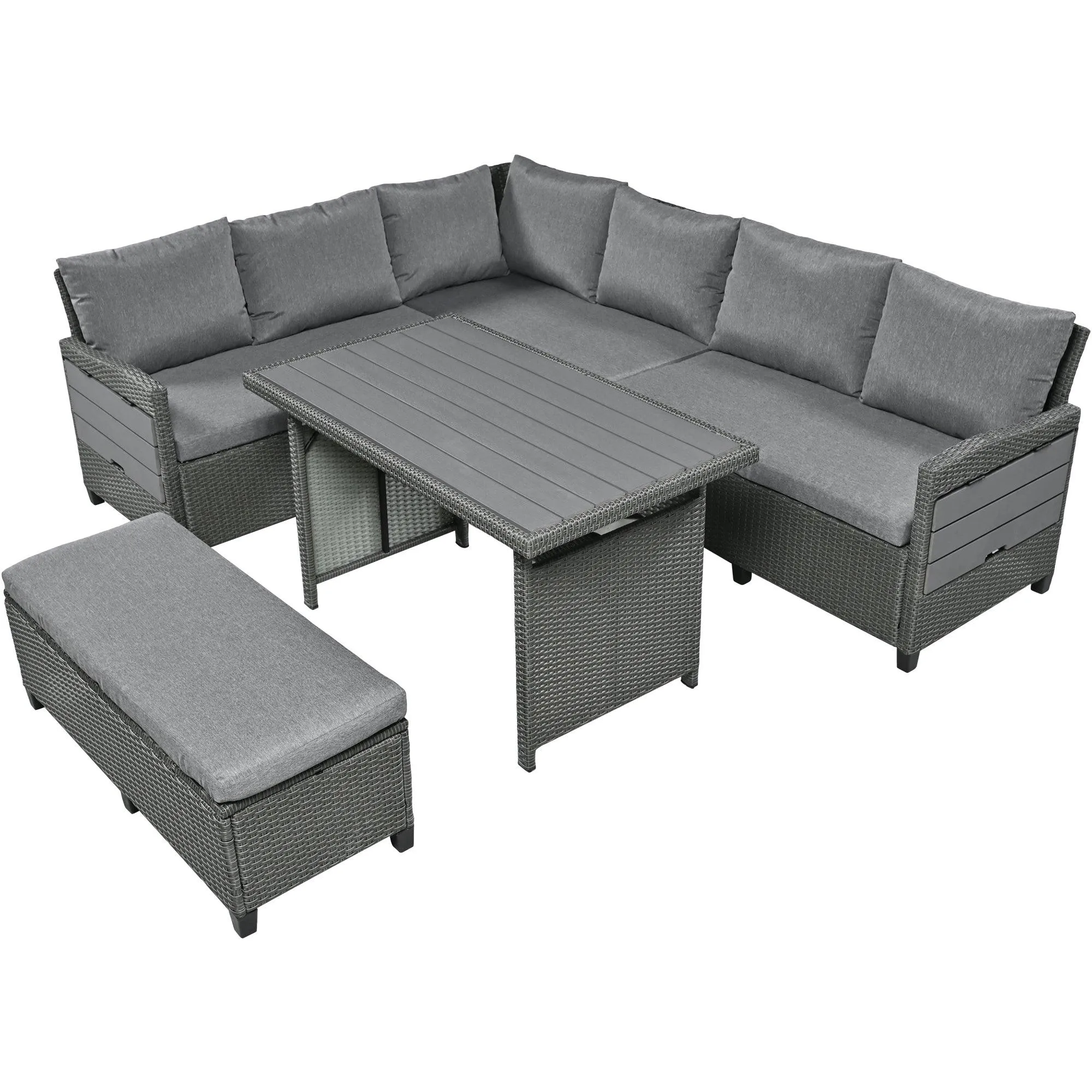 5-Piece Outdoor Patio Rattan Sofa Furniture Set, L-Shaped with Extendable Tables, Gray