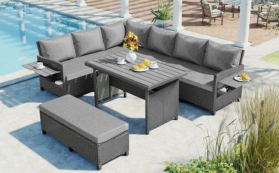 5-Piece Outdoor Patio Rattan Sofa Furniture Set, L-Shaped with Extendable Tables, Gray