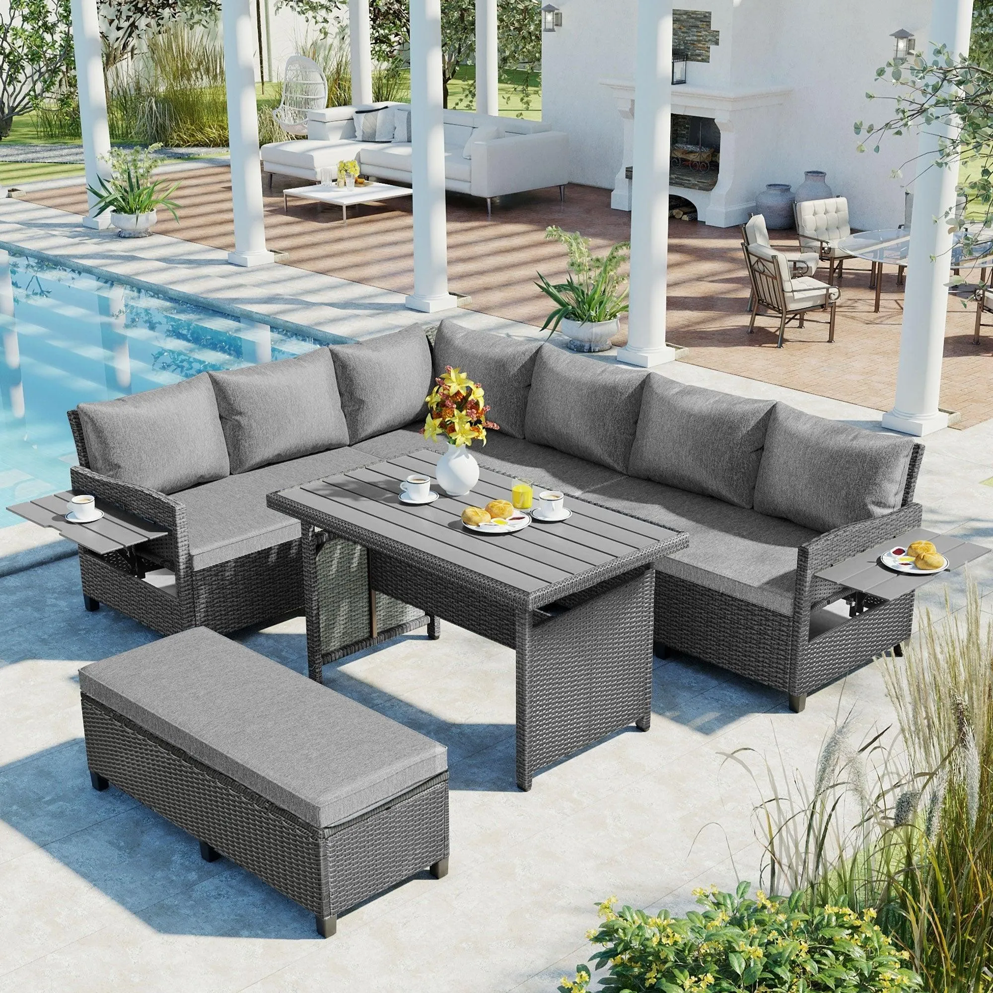 5-Piece Outdoor Patio Rattan Sofa Furniture Set, L-Shaped with Extendable Tables, Gray