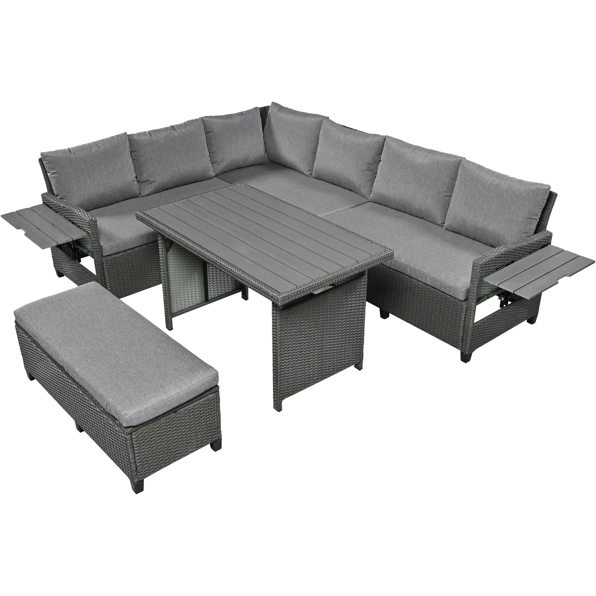 5-Piece Outdoor Patio Rattan Sofa Furniture Set, L-Shaped with Extendable Tables, Gray