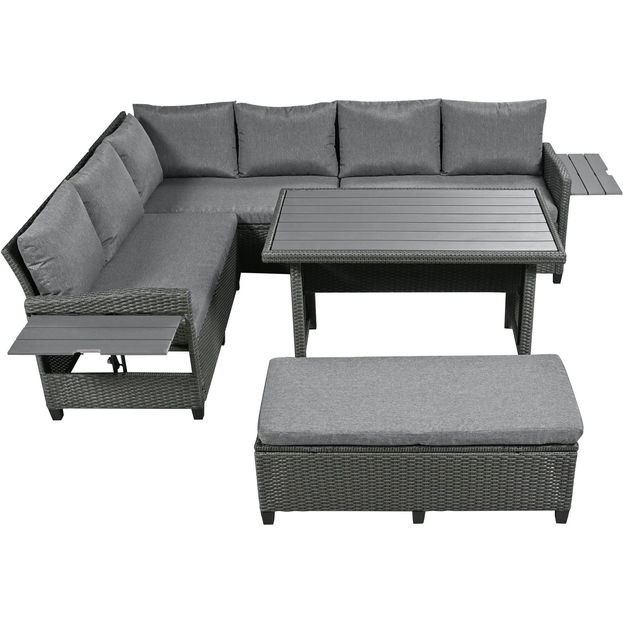 5-Piece Outdoor Patio Rattan Sofa Furniture Set, L-Shaped with Extendable Tables, Gray