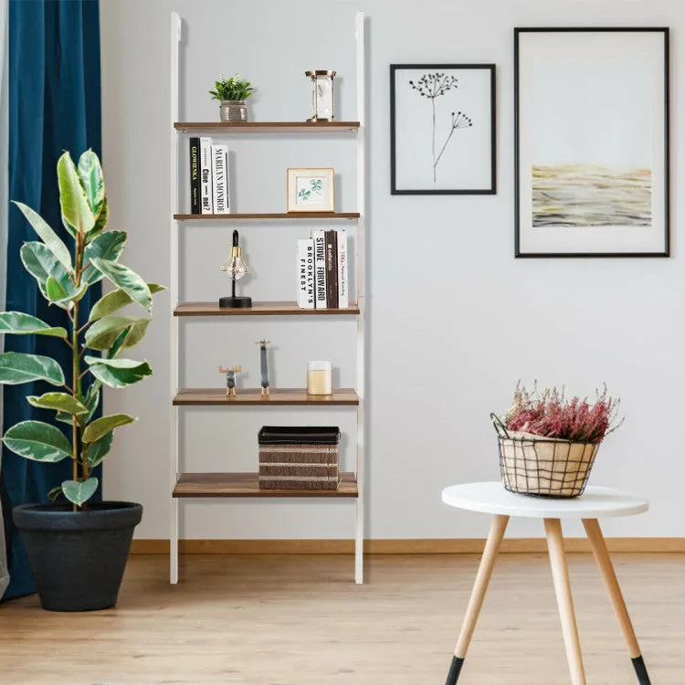 5-Tier Wood Look Ladder Shelf with Metal Frame for Home - White