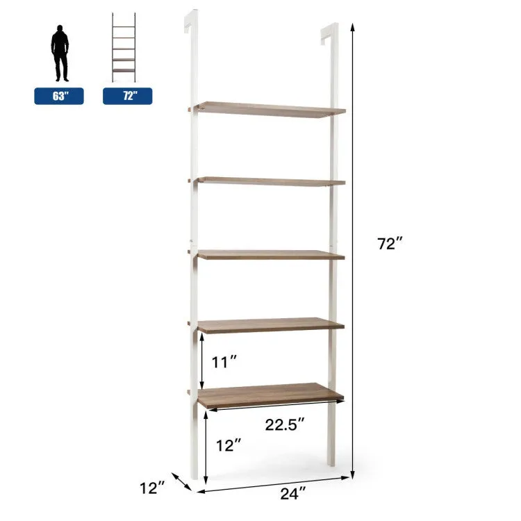 5-Tier Wood Look Ladder Shelf with Metal Frame for Home - White