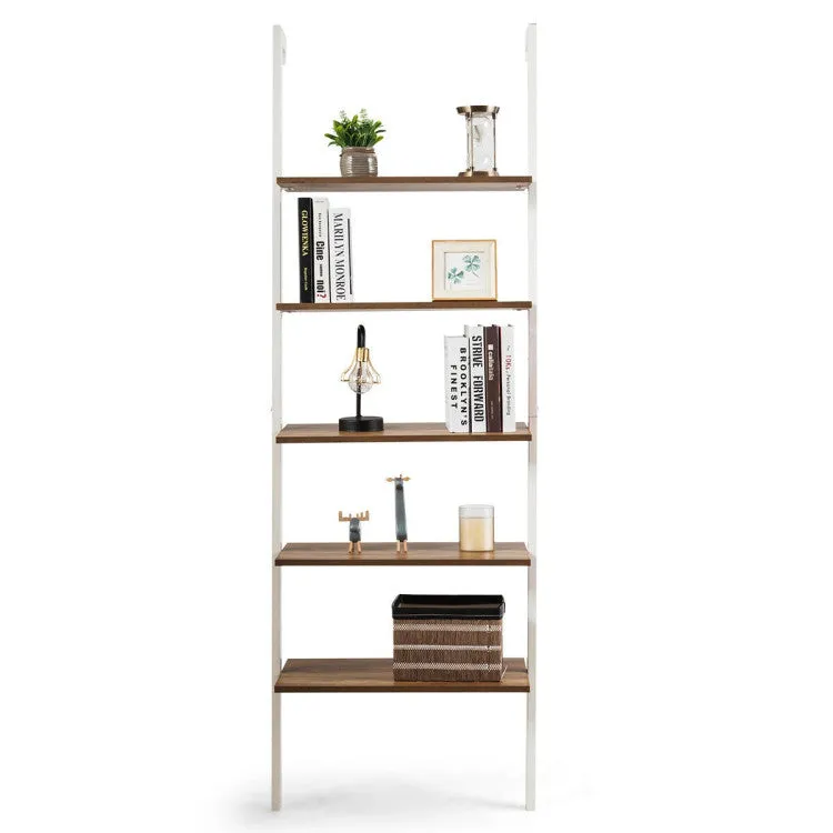 5-Tier Wood Look Ladder Shelf with Metal Frame for Home - White