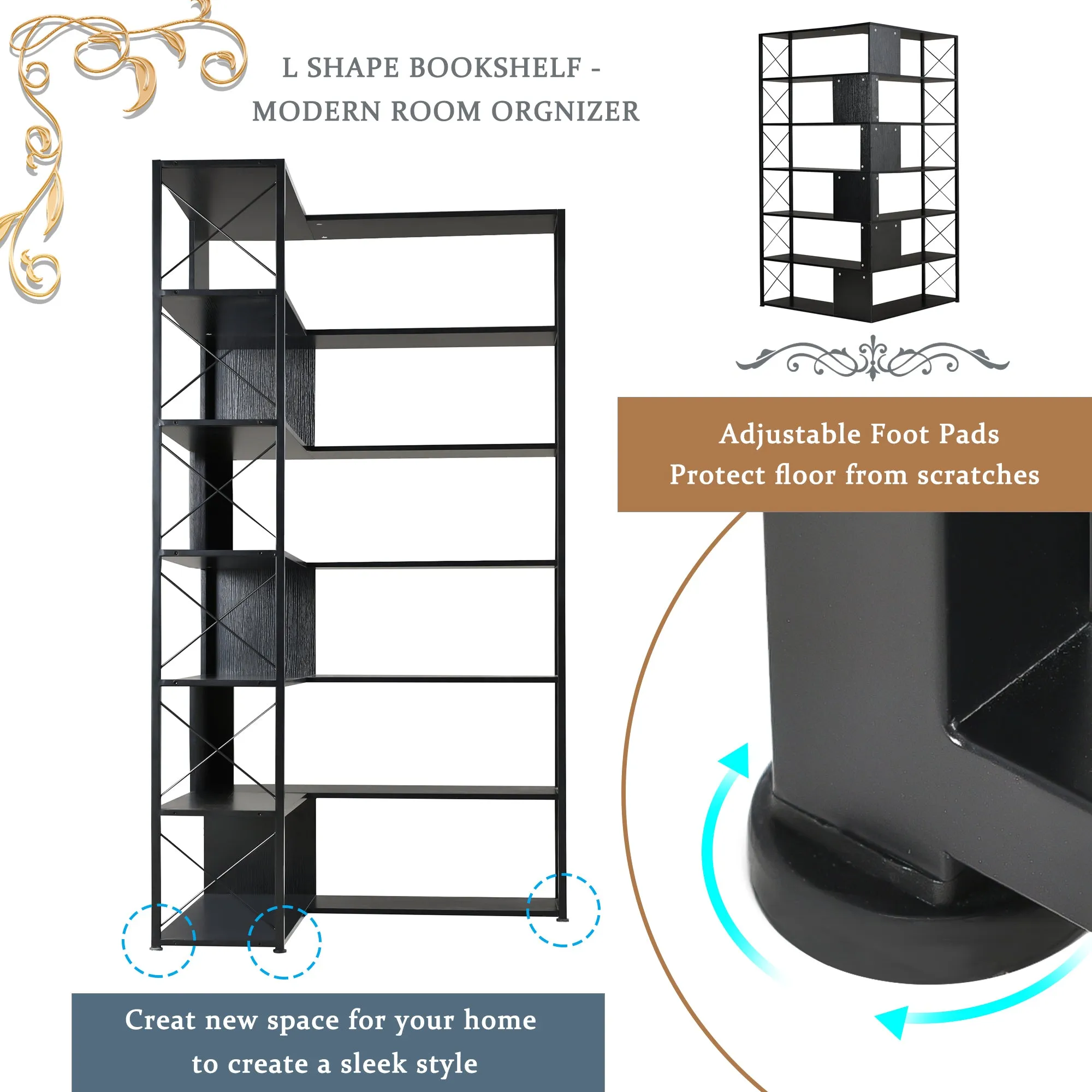 7-Tier Bookcase Home Office Bookshelf,  L-Shaped Corner Bookcase with Metal Frame, Industrial Style Shelf with Open Storage, MDF Board