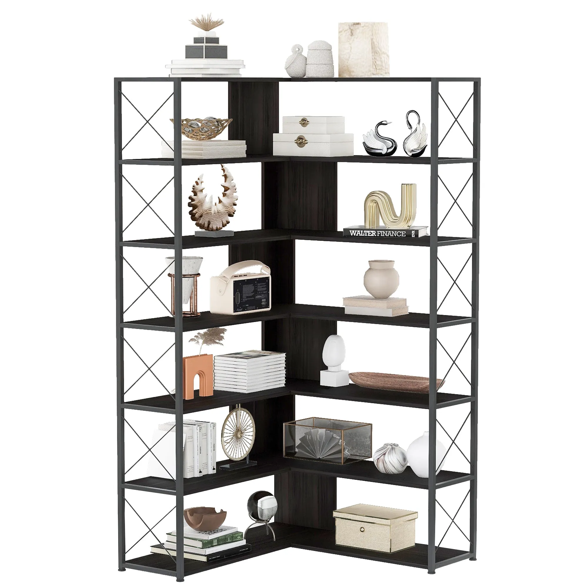 7-Tier Bookcase Home Office Bookshelf,  L-Shaped Corner Bookcase with Metal Frame, Industrial Style Shelf with Open Storage, MDF Board