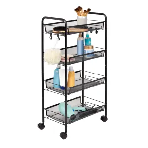 Black 4-Tier Metal Storage Cart with 5 Hooks