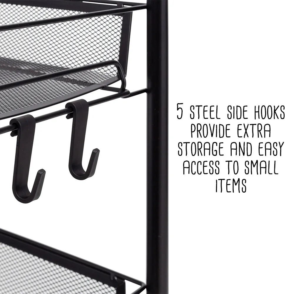 Black 4-Tier Metal Storage Cart with 5 Hooks