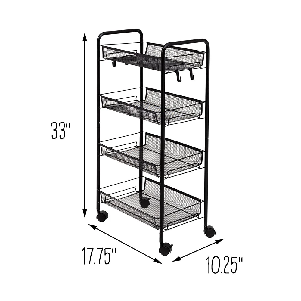 Black 4-Tier Metal Storage Cart with 5 Hooks