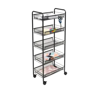 Black 5-Tier Storage Cart with 4 Hooks