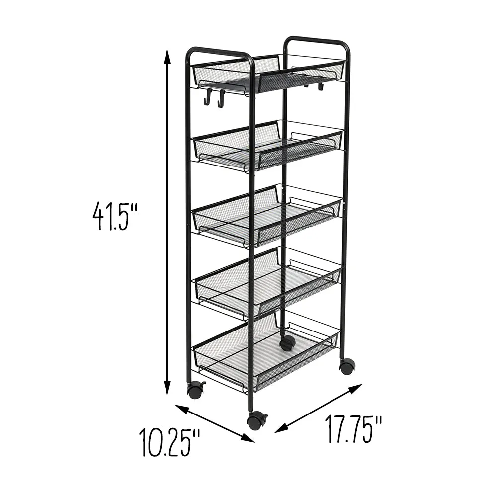 Black 5-Tier Storage Cart with 4 Hooks