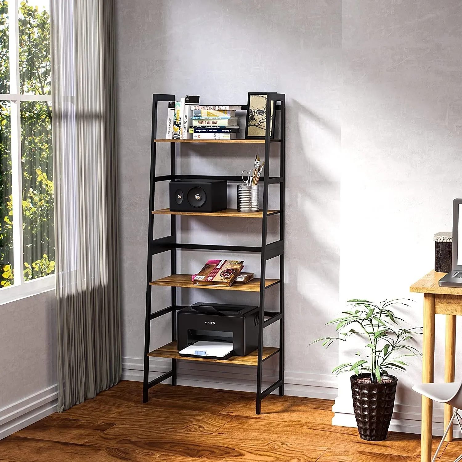 Bookshelf, Ladder Shelf, 4 Tier Tall Bookcase, Modern Open Book Case for Bedroom, Living Room, Office (Brown)