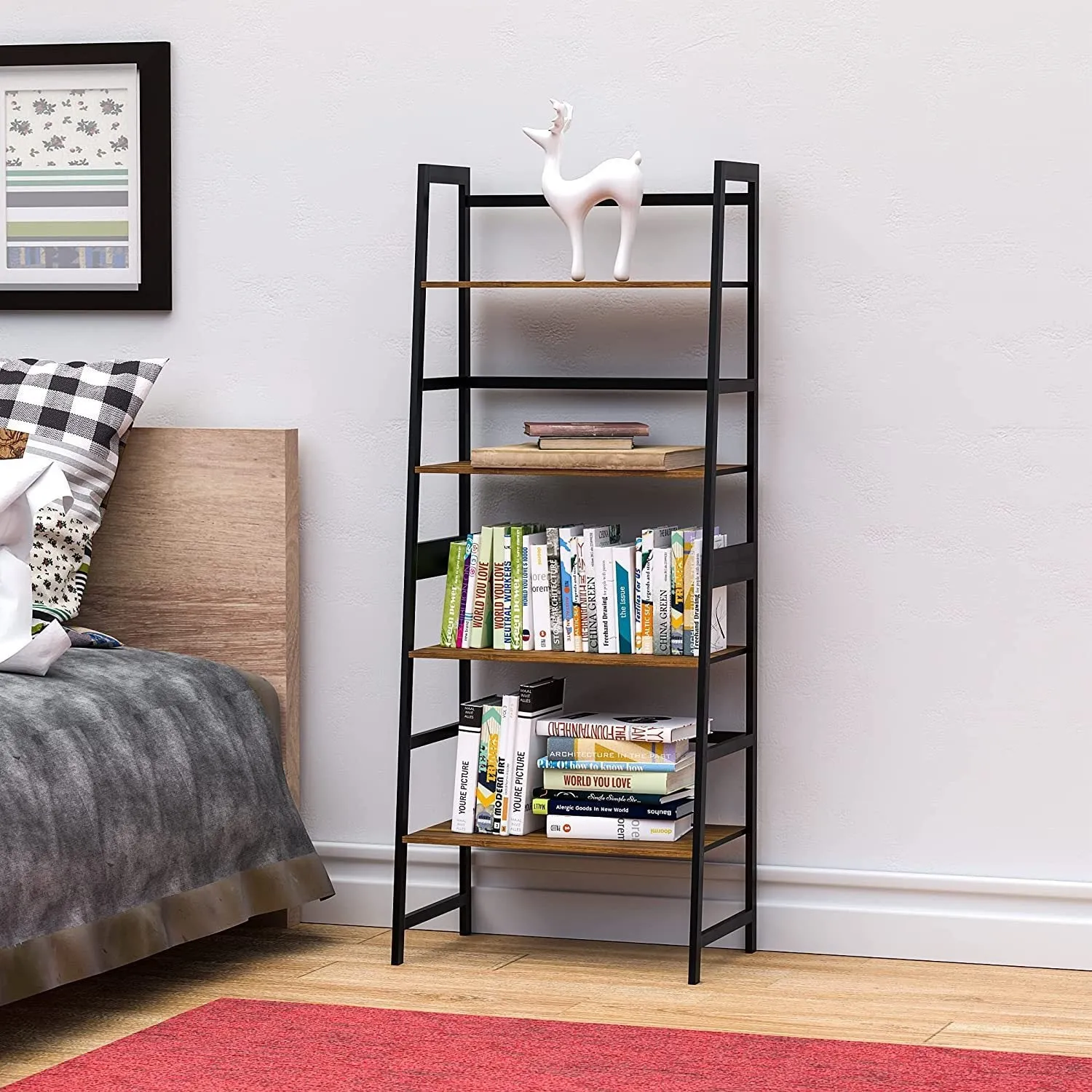 Bookshelf, Ladder Shelf, 4 Tier Tall Bookcase, Modern Open Book Case for Bedroom, Living Room, Office (Brown)