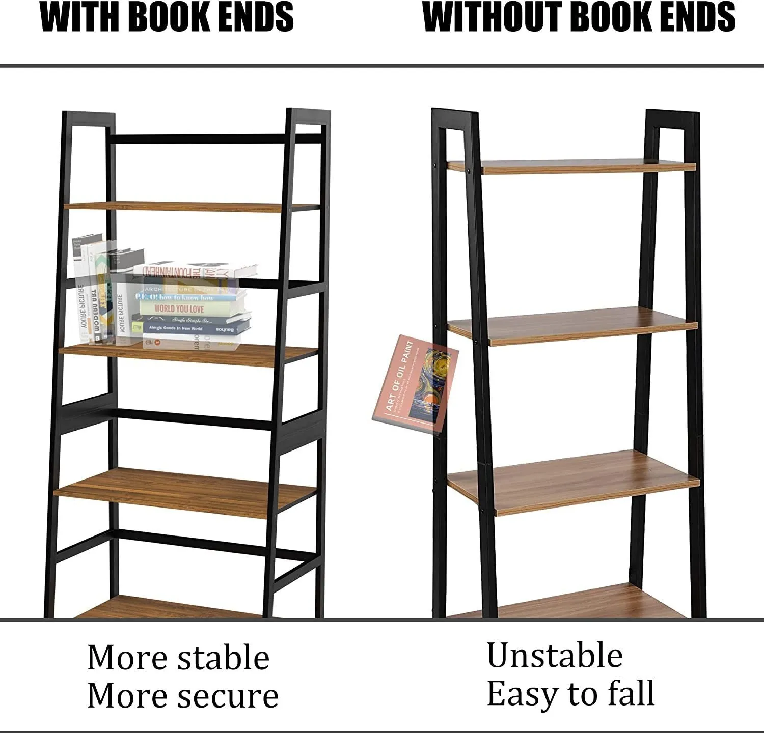 Bookshelf, Ladder Shelf, 4 Tier Tall Bookcase, Modern Open Book Case for Bedroom, Living Room, Office (Brown)