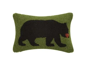 Camp Camping Black Bear on Green Background Wool Hooked Pillow 12" x 5"