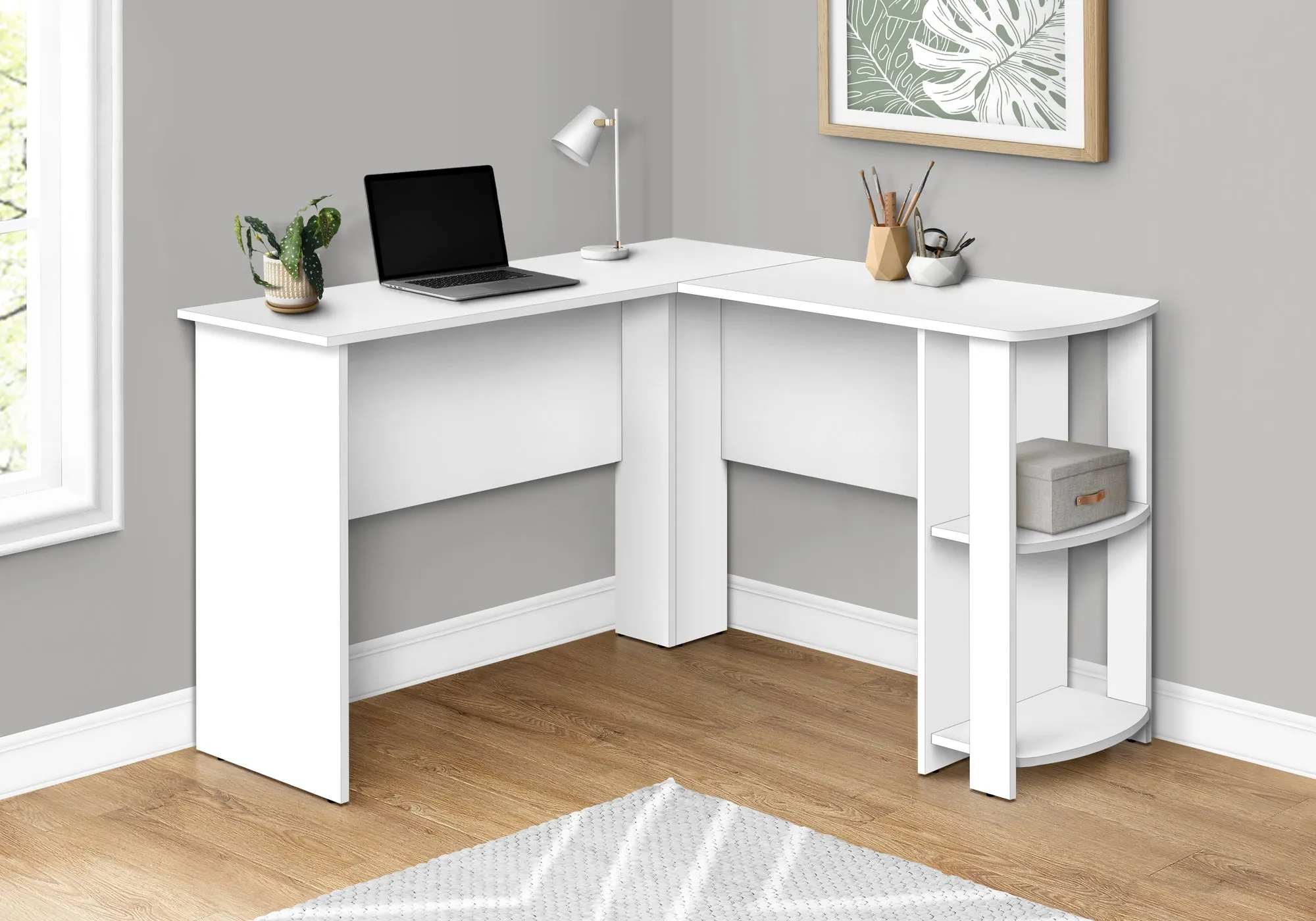 Computer Desk - White L-Shaped Corner / 2 Shelves