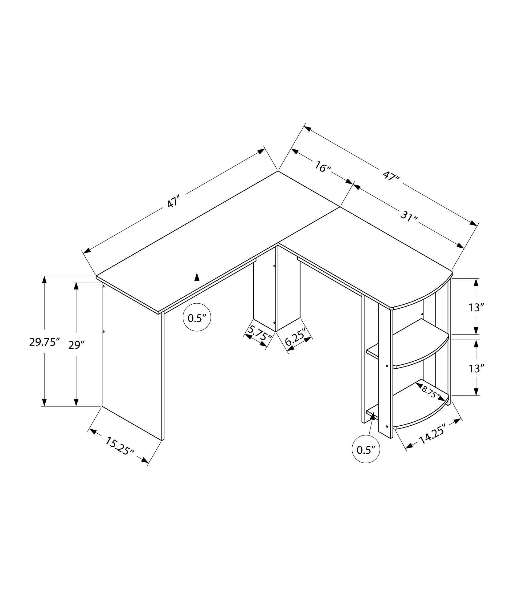 Computer Desk - White L-Shaped Corner / 2 Shelves