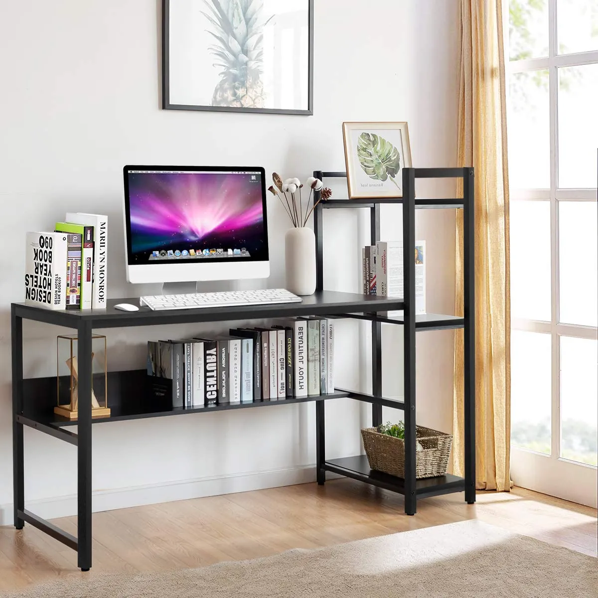 Computer Desk with 4 Shelves, Study Writing Desk with Storage Bookshelves Metal Frame & Adjustable Foot Pads