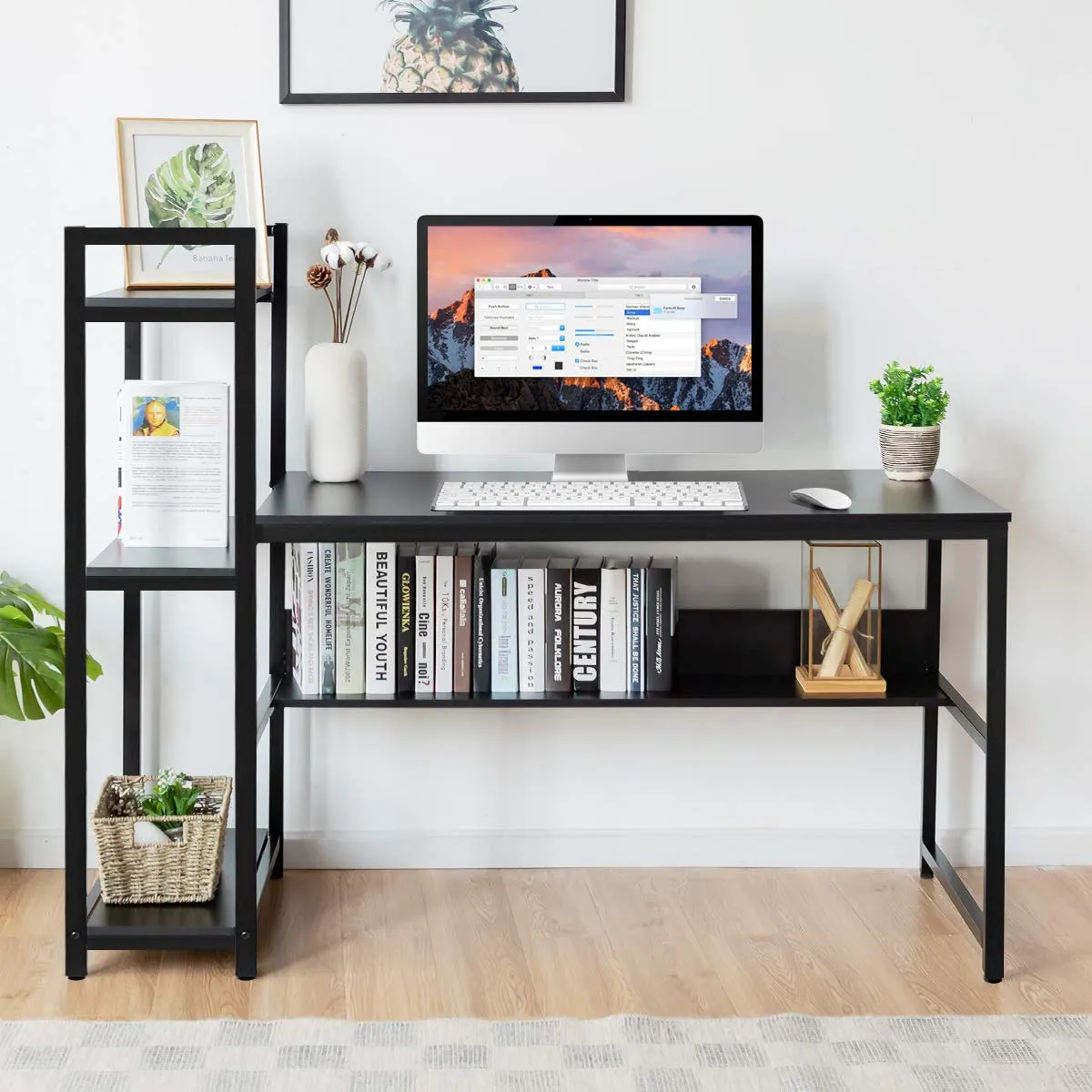 Computer Desk with 4 Shelves, Study Writing Desk with Storage Bookshelves Metal Frame & Adjustable Foot Pads