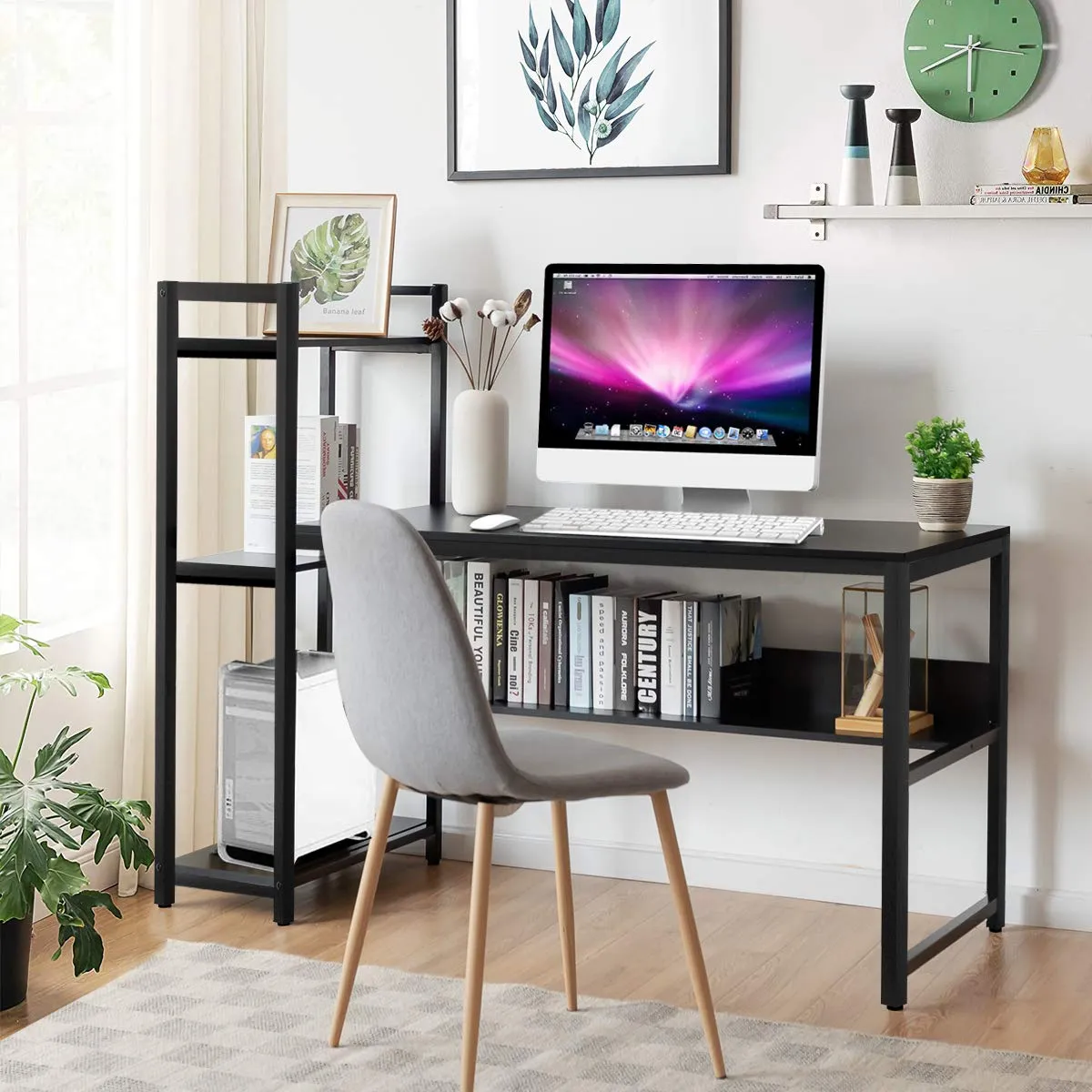 Computer Desk with 4 Shelves, Study Writing Desk with Storage Bookshelves Metal Frame & Adjustable Foot Pads