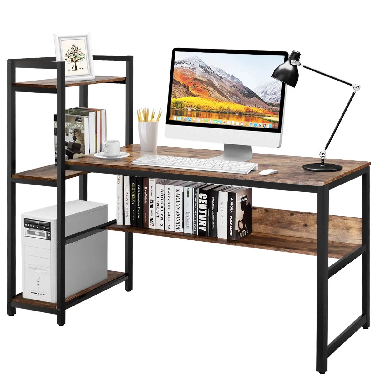 Computer Desk with 4 Shelves, Study Writing Desk with Storage Bookshelves Metal Frame & Adjustable Foot Pads