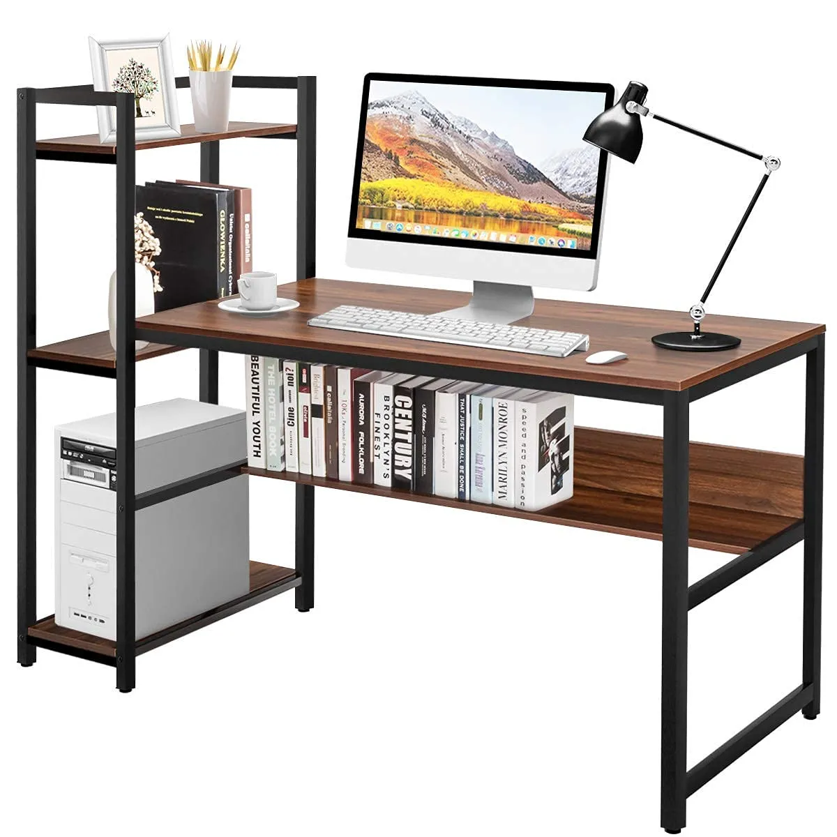 Computer Desk with 4 Shelves, Study Writing Desk with Storage Bookshelves Metal Frame & Adjustable Foot Pads