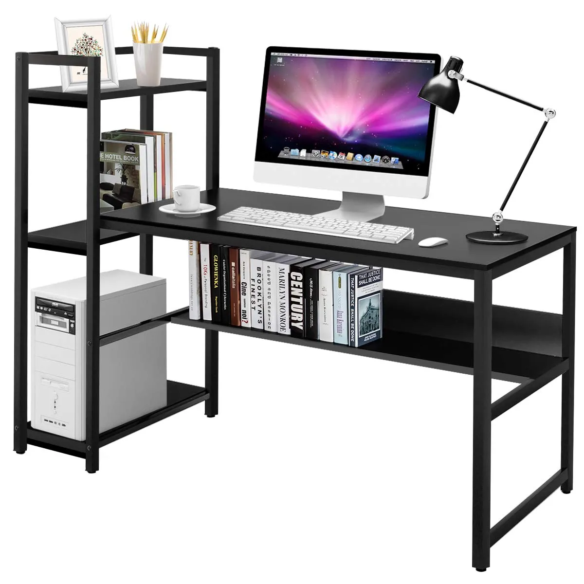 Computer Desk with 4 Shelves, Study Writing Desk with Storage Bookshelves Metal Frame & Adjustable Foot Pads