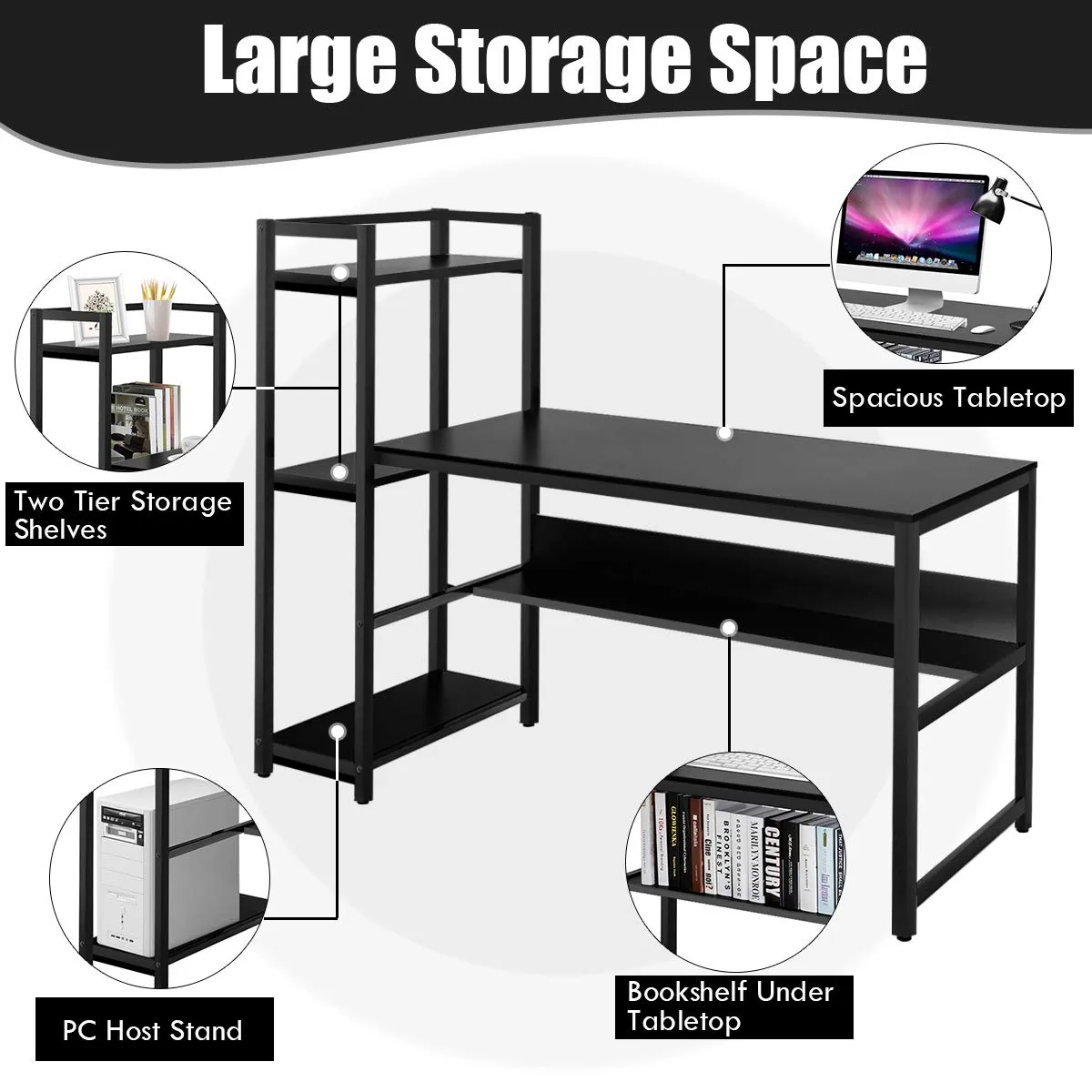 Computer Desk with 4 Shelves, Study Writing Desk with Storage Bookshelves Metal Frame & Adjustable Foot Pads